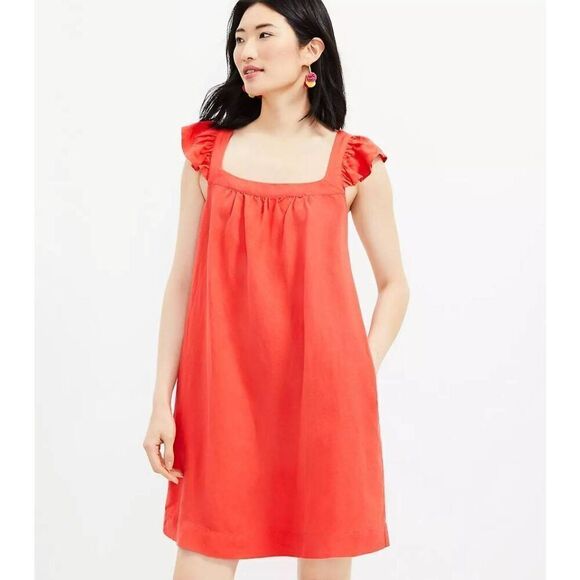 Loft NWT square neck shift pocket linen blend pocket dress size Medium - Picture 2 of 10